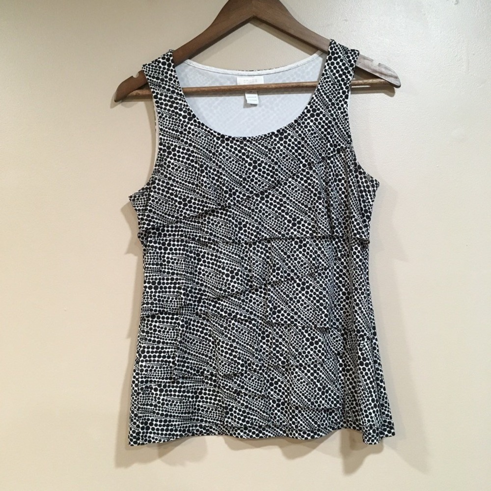 Chicos Polka Dot Tiered Sleeveless Tank‎ Blouse Womens S Black White Mod Office